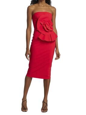 Chiara Boni La Petite Robe Hebe Red Strapless Ruffle Midi Sheath Dress 40